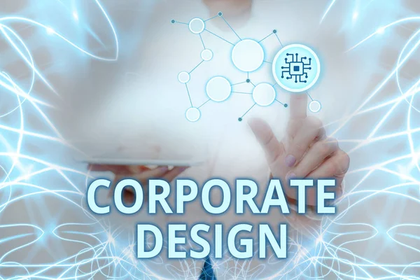 Sign displaying Corporate Design. Business concept official graphical design of the logo and name of a company Lady Holding Tablet Pressing On Virtual Button Showing Futuristic Tech. — Stock Photo, Image