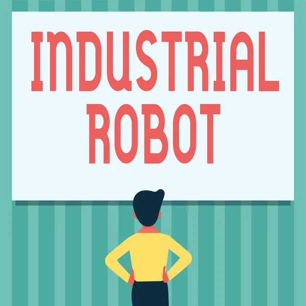 Handwriting text Industrial Robot. Business approach robotic mechanism used in the fabrication of products Man Drawing Standing Hands N Hips Looking At An Empty Whiteboard. — Stock Fotó