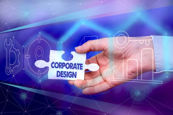 Handschriftliches Zeichen Corporate Design. Konzeptionelles Foto offizielle grafische Gestaltung des Logos und des Namens eines Unternehmens Hand Holding Puzzleteil Freischaltung neuer futuristischer Technologien. — Stockfoto