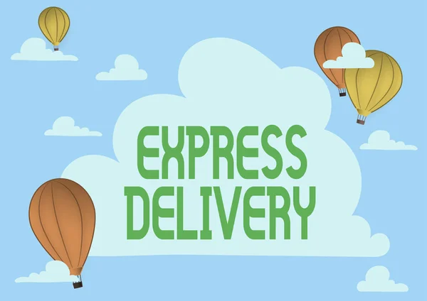 Conceptual display Express Delivery. Word Written on expediting the distributiuon of goods and services Hotair Balloon Illustration Flying Clouds Reaching New Destinations — Stockfoto