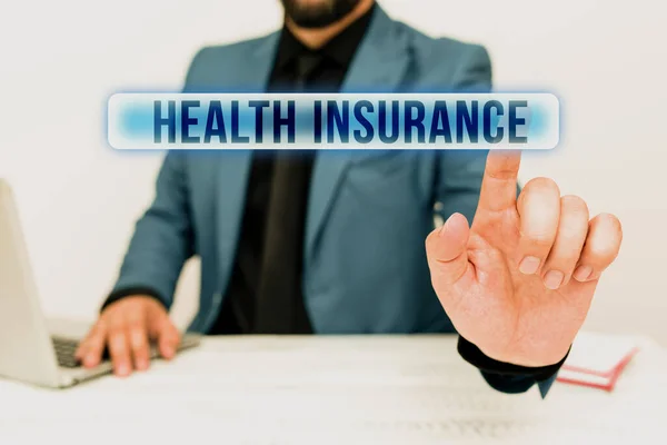 Text sign showing Health Insurance. Business idea reimburse the insured for expenses incurred from illness Remote Office Work Online Presenting Business Plans Designs — Φωτογραφία Αρχείου