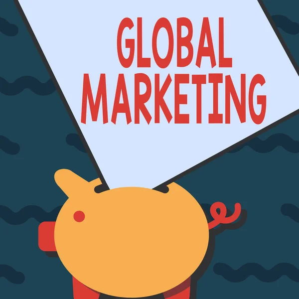 Inspiration showing sign Global Marketing. Word for firm sells the same products to the global market Piggy Bank Drawing With Large Sheet Of Paper Stuck In The Hole. — Φωτογραφία Αρχείου