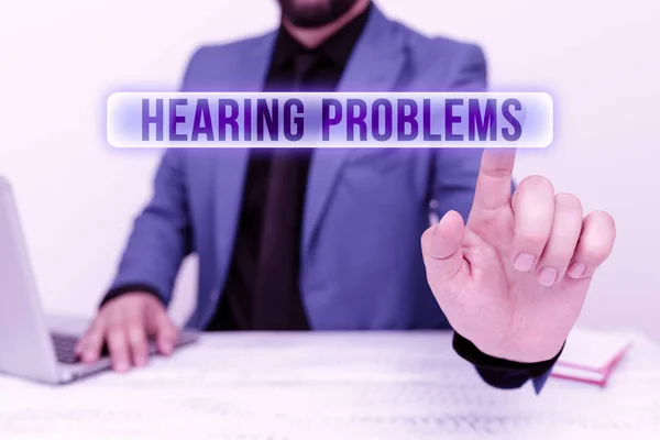 Text sign showing Hearing Problems. Word for partial or total inability to hear Hearing impairment Remote Office Work Online Presenting Business Plans Designs — Stock Photo, Image