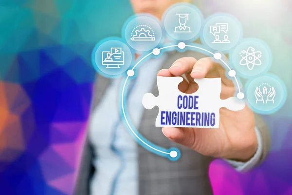 Conceptual display Code Engineering. Business showcase application of engineering to the development of software Business Woman Holding Jigsaw Puzzle Piece Unlocking New Futuristic Tech. — Φωτογραφία Αρχείου