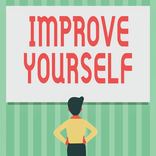 Conceptual display Improve Yourself. Business showcase making yourself a better or more knowledgable person Man Drawing Standing Hands N Hips Looking At An Empty Whiteboard. — Stock Photo, Image