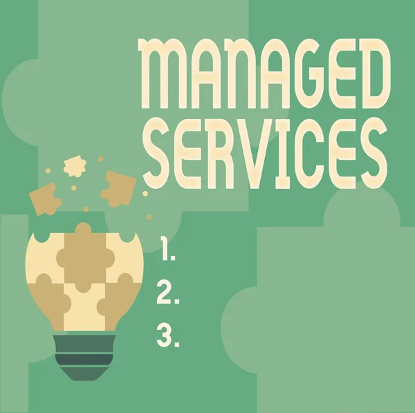 Υπογραφή εμφάνισης Managed Services. Επιχείρηση βιτρίνα εταιρεία που διαχειρίζεται εξ αποστάσεως τους πελάτες s είναι υποδομή πληροφορικής Αφηρημένη Brainstorming Πρόβλημα και λύση, προσεκτική Σκέψη Concept — Φωτογραφία Αρχείου