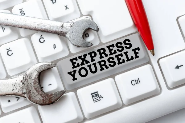 Text sign showing Express Yourself. Internet Concept to communicate or reveal one s is thoughts or feelings Abstract Programmer Typing Antivirus Codes, Retyping Debug Codes — Stock Photo, Image