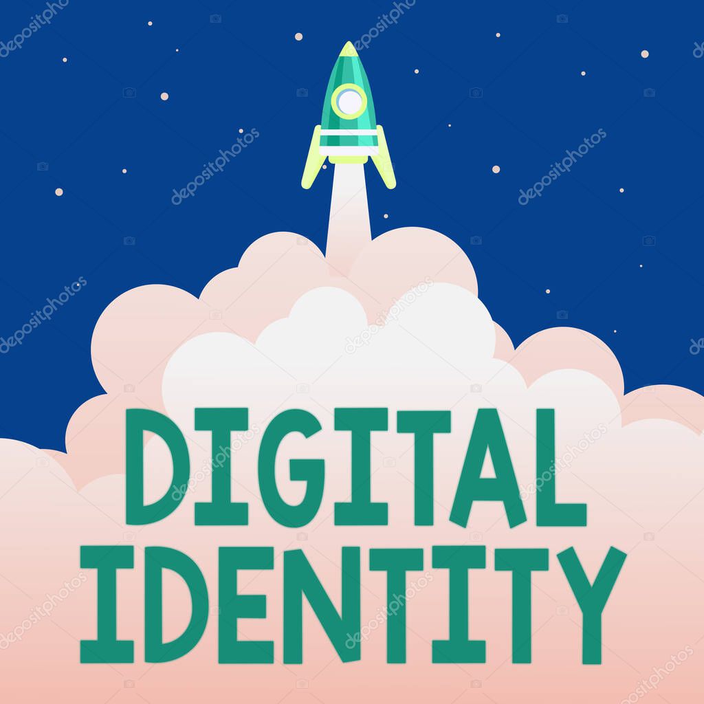 Conceptual caption Digital Identity. Business approach networked identity adopted or claimed in cyberspace Abstract Reaching Top Level, Rocket Science Presentation Designs