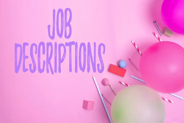 Testo che mostra l'ispirazione Job Descriptions. Concetto che significa un conto formale di un dipendente s è responsabilità Colorato Compleanno Partito Disegni Luminoso Celebrazione Idee di pianificazione — Foto Stock