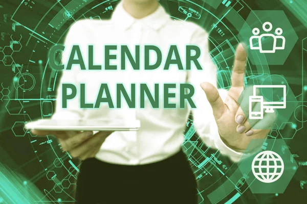 Text bildtext presenterar kalender Planner. Word Skrivet om schema för aktiviteter eller uppgift som måste slutföras Lady In Uniform Holding Telefon Virtual Press Button Futuristic Technology. — Stockfoto