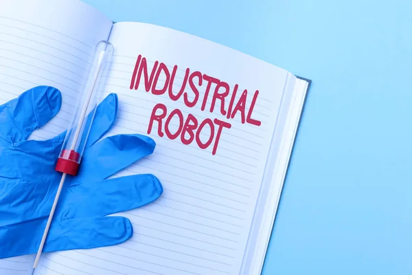 Text caption presenting Industrial Robot. Business overview robotic mechanism used in the fabrication of products Writing Important Medical Notes Laboratory Testing Of New Virus Medicine
