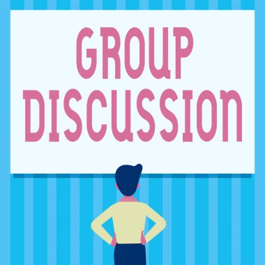 Grup Tartışmasını gösteren metin işareti. Resmi ya da gayri resmi olarak toplanıp boş bir tahtaya bakan insanların ayakta duran ellerini ve kalçalarını çizdiği fikirleri gündeme getirmek..