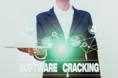 Sign displaying Software Cracking. Business approach modification of software to remove or disable features Woman In Uniform Displaying Mobile Device Futuristic Virtual Tech. clipart