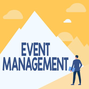 Metin Olay Yönetimi gösterimi yazılıyor. İş konsepti büyük etkinlikleri planlamak ve yönetmek ya da konferanslar düzenlemek. Takım Elbiseli Beyefendinin elinde uzun dağ sırasına bakan bir defter var..