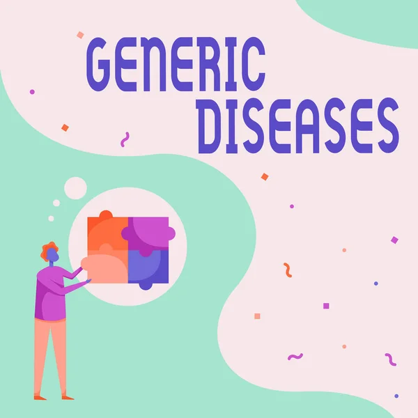 Genetikai betegségek kijelzése. Fogalmi fotó betegség által okozott rendellenesség egy egyén s genom Man Rajz álló illeszkedés Négy kirakós puzzle darab. — Stock Fotó
