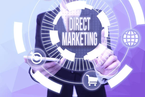 Text sign showing Direct Marketing. Business concept business of selling products directly to the public Lady In Uniform Holding Phone Pressing Virtual Button Futuristic Technology. — Stock Photo, Image