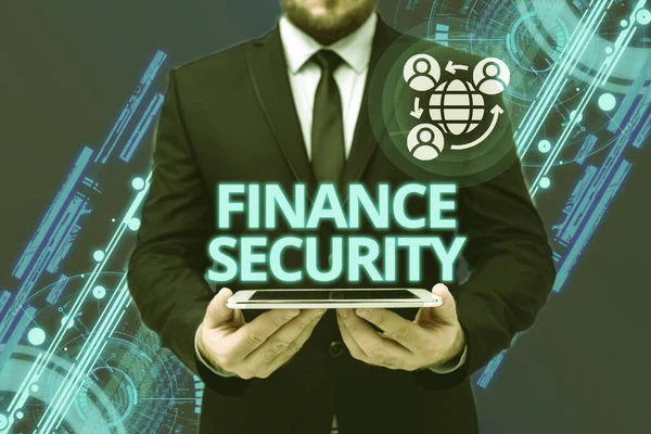 Testo che mostra ispirazione Finance Security. Parola Scritto su documento che dà diritto al proprietario con alcuni diritti e rivendicazioni Man In Office Uniform Holding Tablet Visualizza la nuova tecnologia moderna. — Foto Stock