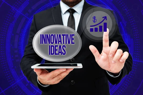 Texto que presenta ideas innovadoras. Concepto: aplicación de mejores soluciones que cumplan con los nuevos requisitos Man In Office Uniform Standing Pressing Virtual Button Holding Tablet. —  Fotos de Stock