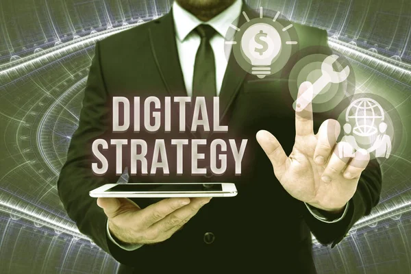 Sign displaying Digital Strategy. Concept meaning plan for maximizing the business benefits of data assets Man In Office Uniform Standing Pressing Virtual Button Holding Tablet. — Stock Photo, Image