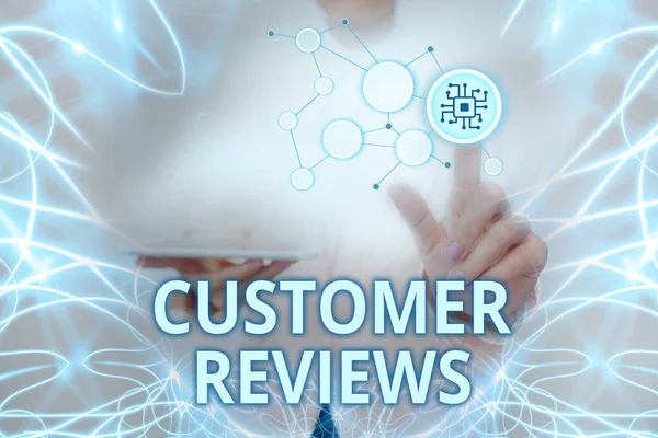 Inspiration showing sign Customer Reviews. Word Written on review of a product or service made by a customer Lady Holding Tablet Pressing On Virtual Button Showing Futuristic Tech. — 图库照片