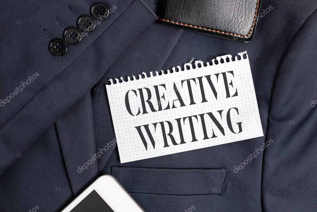 Conceptual display Creative Writing. Business concept fiction or poetry which displays imagination or invention Presenting New Proper Work Attire Designs, Displaying Formal Office Clothes