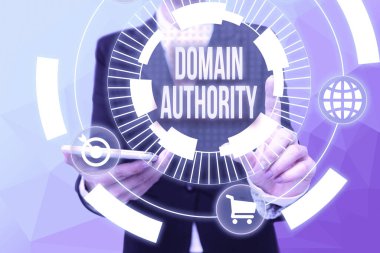 Conceptual display Domain Authority. Business approach calculated metric for how well a domain is likely to rank Lady In Uniform Holding Phone Pressing Virtual Button Futuristic Technology. clipart