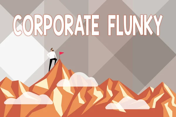 Conceptual caption Corporate Flunky. Business approach someone who works obediently for another person in company Abstract Reaching And Achieving Goal, Result Of Hard Work Concepts — 图库照片