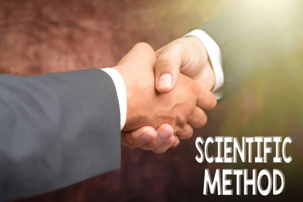 Text caption presenting Scientific Method. Conceptual photo method of procedure that has characterized natural science Two Professional Well-Dressed Corporate Businessmen Handshake Indoors — 图库照片