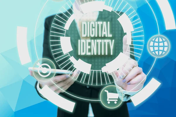 Writing displaying text Digital Identity. Concept meaning networked identity adopted or claimed in cyberspace Lady In Uniform Holding Phone Pressing Virtual Button Futuristic Technology.