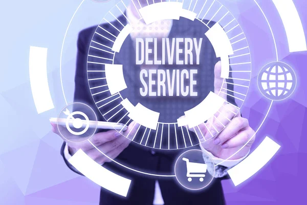 提供递送服务的文字标题。商务概览:为客户提供送货服务的行为统一手持电话按下虚拟按钮的未来技术. — 图库照片