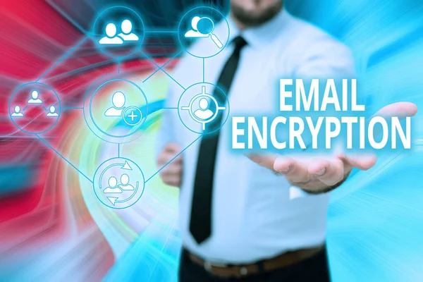 콘셉트 캡션 Email Encryption. 새로운 미래 과학 기술을 붙잡고 서 있는 불법적 인 시민 조합 이 내용을 읽지 못하도록 보호하기 위해 기록된 말. — 스톡 사진