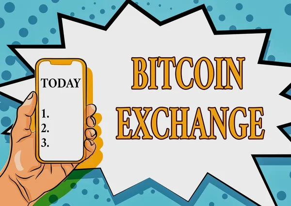 Bildunterschrift: Bitcoin Exchange. Konzept: digitaler Marktplatz, auf dem Händler Bitcoins kaufen und verkaufen können. — Stockfoto