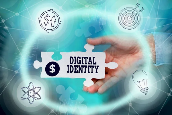 Text caption presenting Digital Identity. Word Written on networked identity adopted or claimed in cyberspace Hand Holding Jigsaw Puzzle Piece Unlocking New Futuristic Technologies.