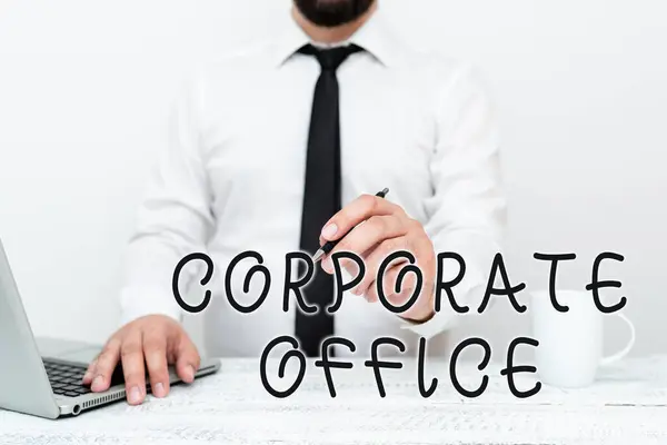 Handwriting text Corporate Office. Word Written on central location for planning and execution of a business Remote Office Work Online Presenting Business Plan And Designs — Stock Photo, Image