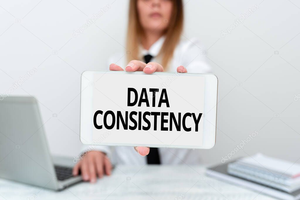 Hand writing sign Data Consistency. Business concept data values are the same for all instances of application Intern Starting A New Job Post, Student Presenting Report Studies