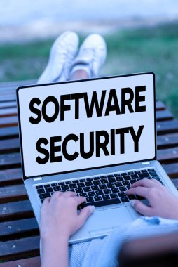 Yazılım güvenliğini sunan metin başlığı. Çevrimiçi saldırılara karşı yazılımı korumak ve insanları uzaktan birbirine bağlamak için iş yaklaşımı uygulandı