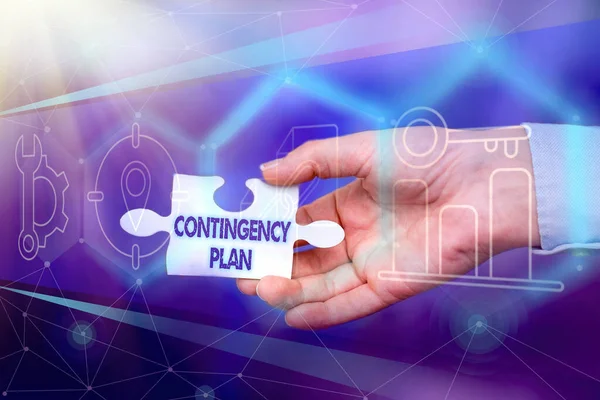Sign displaying Contingency Plan. Conceptual photo A plan designed to take account of a possible future event Hand Holding Jigsaw Puzzle Piece Unlocking New Futuristic Technologies. — Stockfoto
