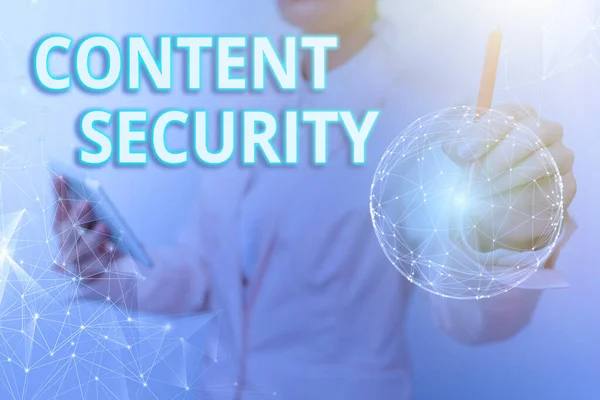 Text sign showing Content Security. Business showcase the protection against deliberate threats to content Woman In Suit Holding Tablet With Circular Holographic Display. — Stockfoto