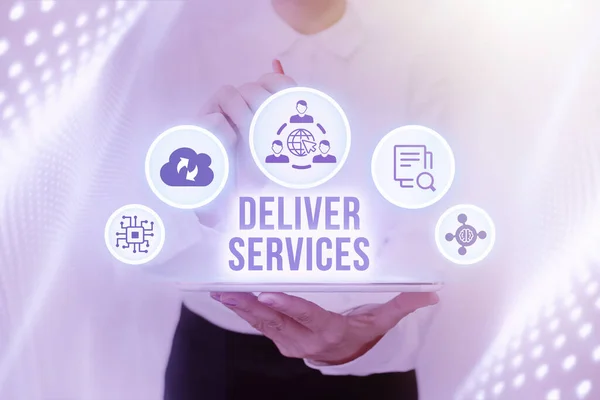 Τίτλος κειμένου που παρουσιάζει το Deliver Services. Εννοιολογική φωτογραφία η πράξη της παροχής υπηρεσιών παράδοσης στους πελάτες Lady In Uniform Standing Holding Tablet Typing Futuristic Technologies. — Φωτογραφία Αρχείου