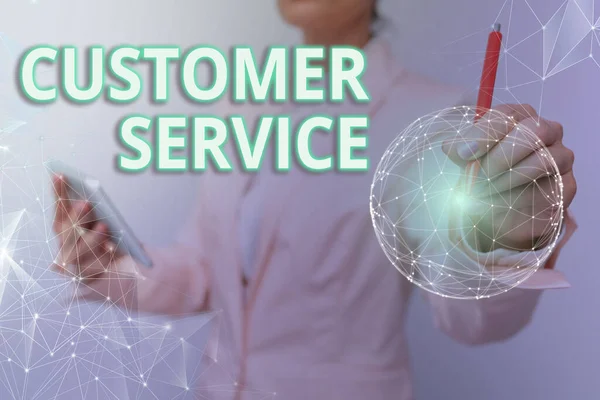 Text showing inspiration Customer Service. Word for process of ensuring customer satisfaction with a product Woman In Suit Holding Tablet With Circular Holographic Display. — Stock Photo, Image