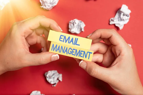 Sign displaying Email Management. Word Written on systematic tactic in maximizing email practices efficiency Drawing Creative Designs Taking Important Notes Planning New Ideas — Stockfoto