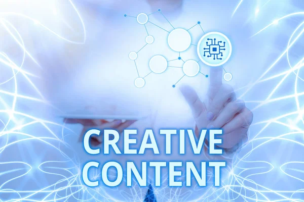 Sign displaying Creative Content. Business showcase providing showing with the type of content they re craving Lady Holding Tablet Pressing On Virtual Button Showing Futuristic Tech. — Stockfoto