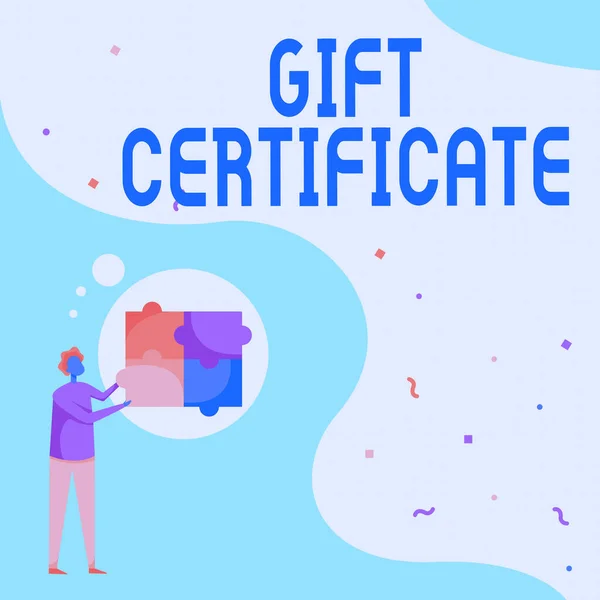 Sign displaying Gift Certificate. Business overview certificate entitling the recipient to receive goods Man Drawing Standing Fitting Four Jigsaw Puzzle Pieces. — стоковое фото