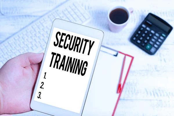 Podpis Conceptual Security Training. Przegląd biznesowy zapewniający szkolenia w zakresie świadomości bezpieczeństwa dla użytkowników końcowych Wpisywanie nowych pomysłów Business Planning Idea Połączenia głosowe i wideo — Zdjęcie stockowe