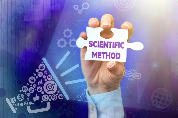 Text sign showing Scientific Method. Word for method of procedure that has characterized natural science Hand Holding Jigsaw Puzzle Piece Unlocking New Futuristic Technologies. — стоковое фото