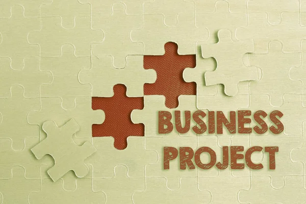 Text caption presenting Business Project. Word Written on Planned set of interrelated tasks to be executed over time Building An Unfinished White Jigsaw Pattern Puzzle With Missing Last Piece — 图库照片