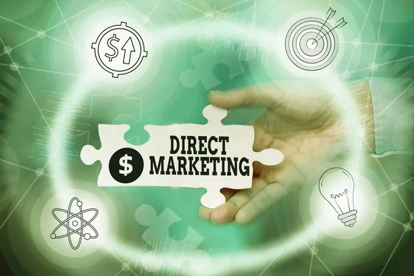 Writing displaying text Direct Marketing. Business showcase business of selling products directly to the public Hand Holding Jigsaw Puzzle Piece Unlocking New Futuristic Technologies. — Stock Photo, Image