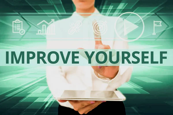 Text sign showing Improve Yourself. Business approach making yourself a better or more knowledgable person Lady In Uniform Holding Phone Virtual Press Button Futuristic Technology. — Foto de Stock