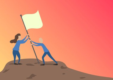 Man And Woman Drawing Standing Setting Up Flag On Peak Of Mountain. Colleagues Design Sticking Banner Pole Hill Top Showing Goals Reached Through Teamwork. vector