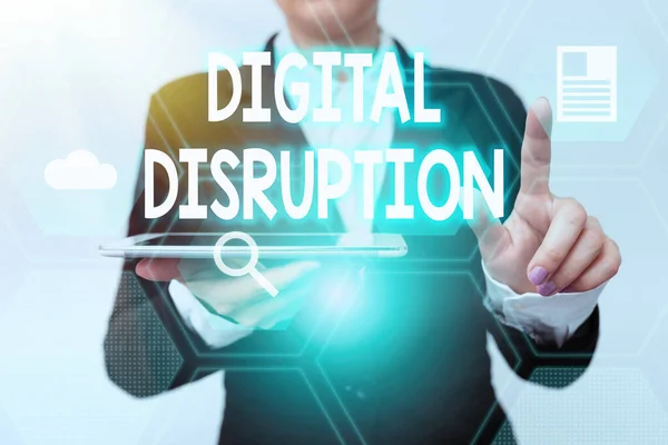 Conceptual caption Digital Disruption. Business idea transformation caused by emerging digital technologies Woman In Suit Holding Tablet Pointing Finger On Futuristic Virtual Button.